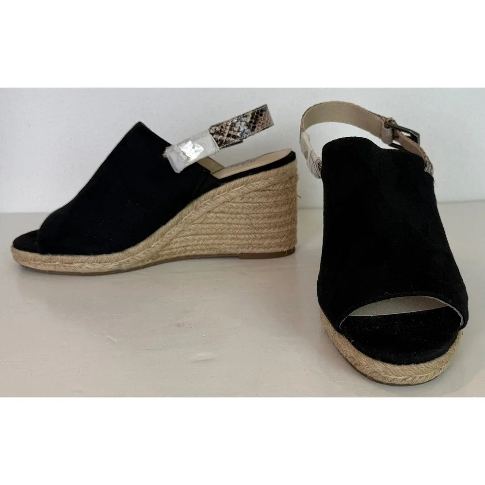 LifeStride Trina Wedge Sandal Black Suede Upper Snakeskin-Print Slingback Sz 9.5